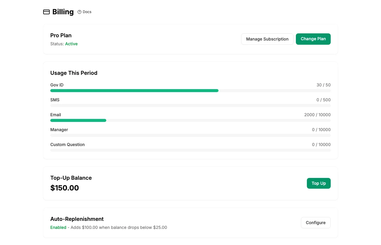 Billing dashboard showing credit balance and usage