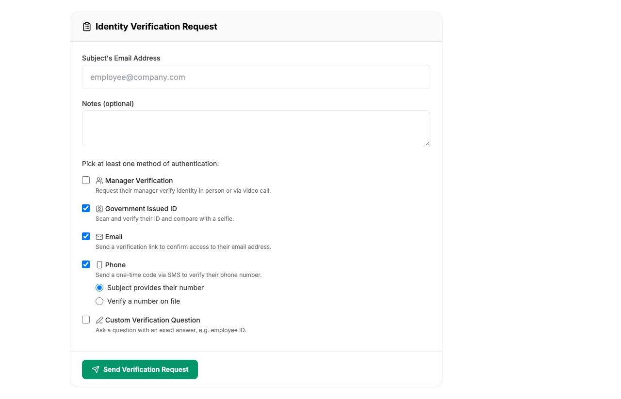 Case creation form with verification method checkboxes