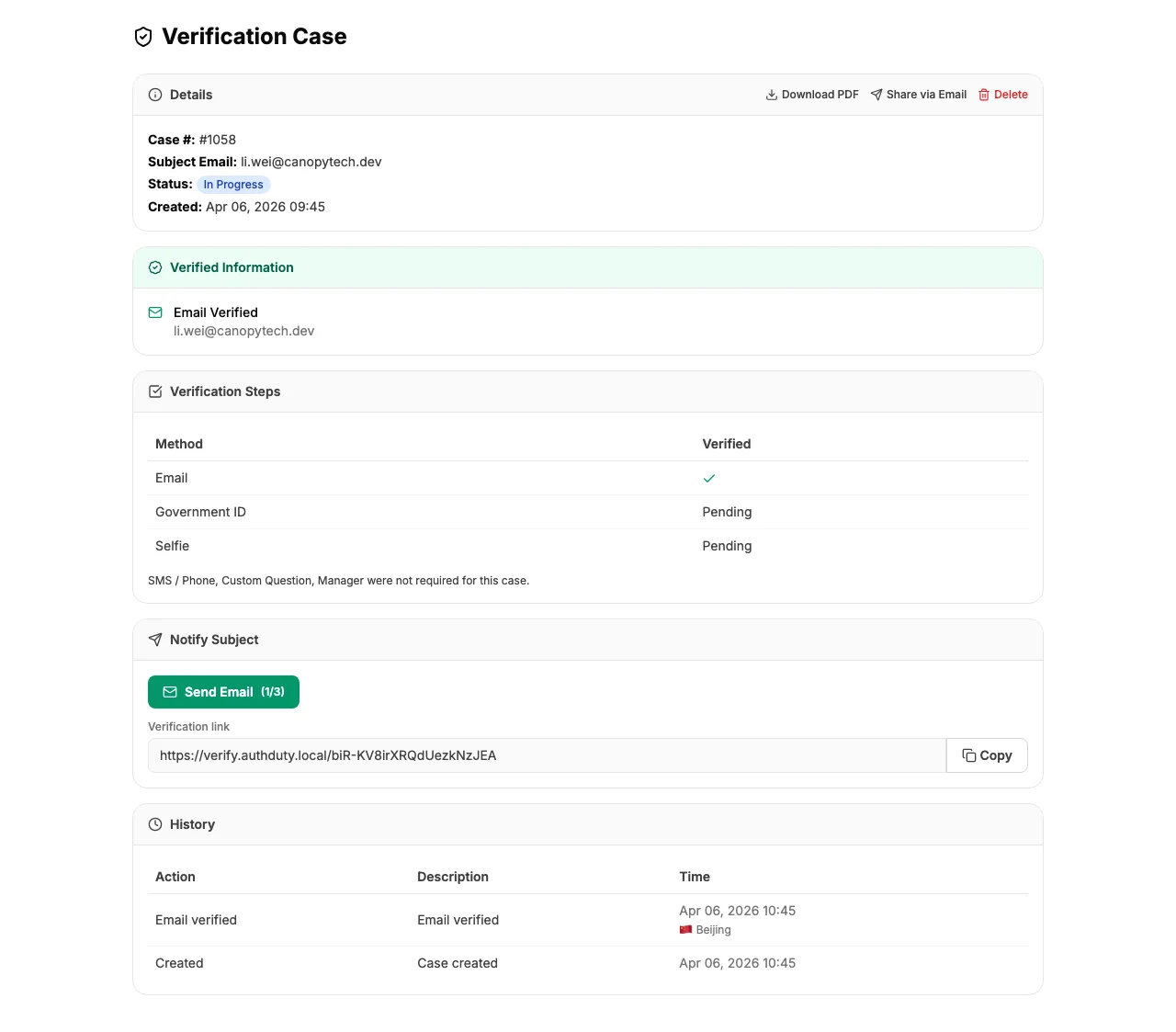 Case detail view showing status and verification steps