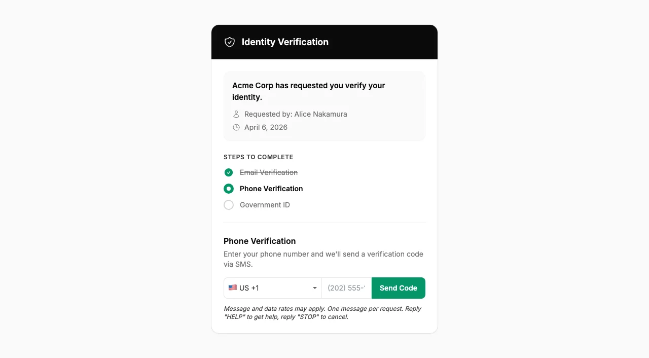 Verification page showing partially completed steps