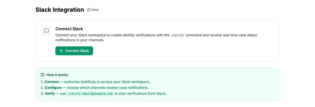 Slack integration settings page