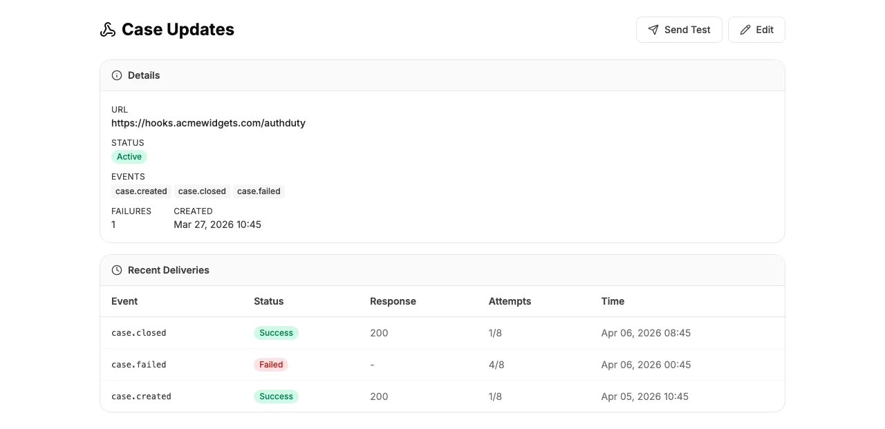 Webhook endpoint detail page showing deliveries and status