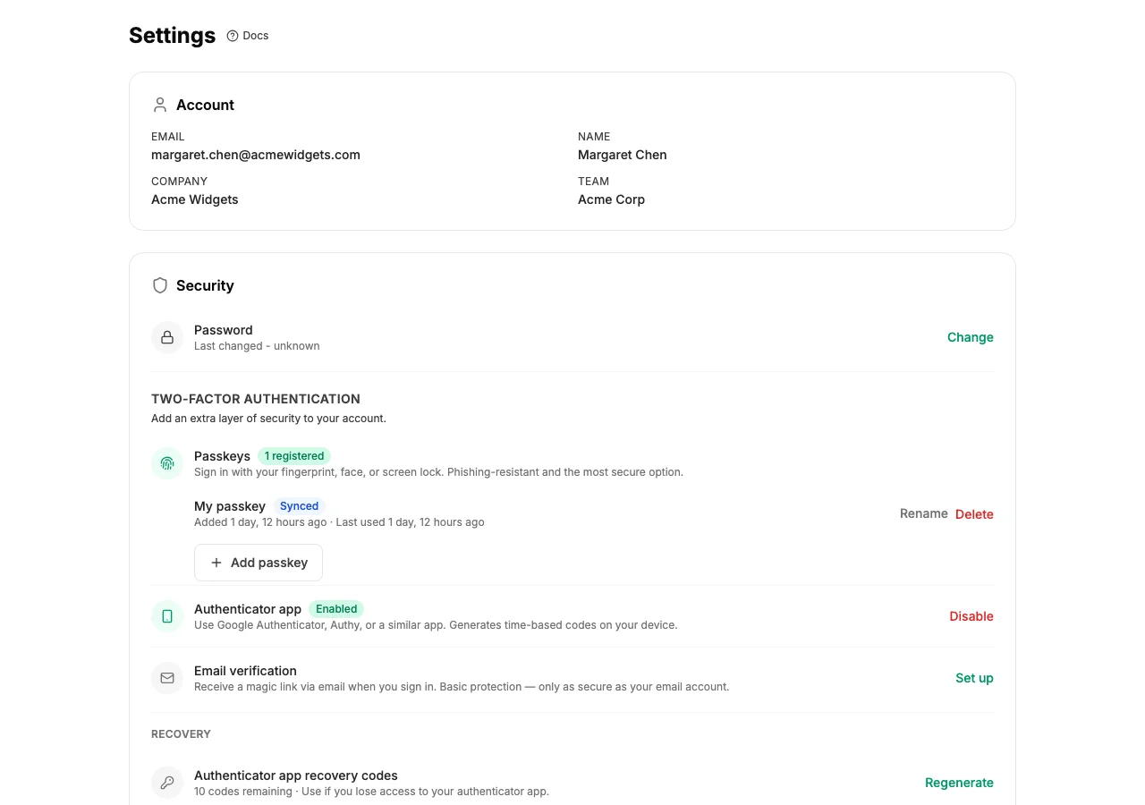 Account settings showing two-factor authentication options