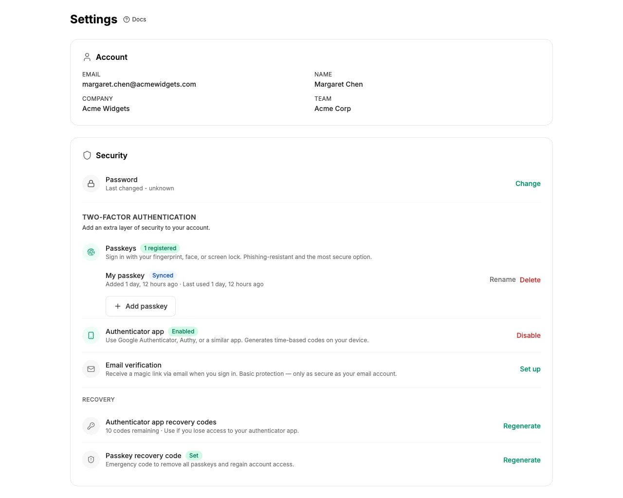 Account settings showing security options
