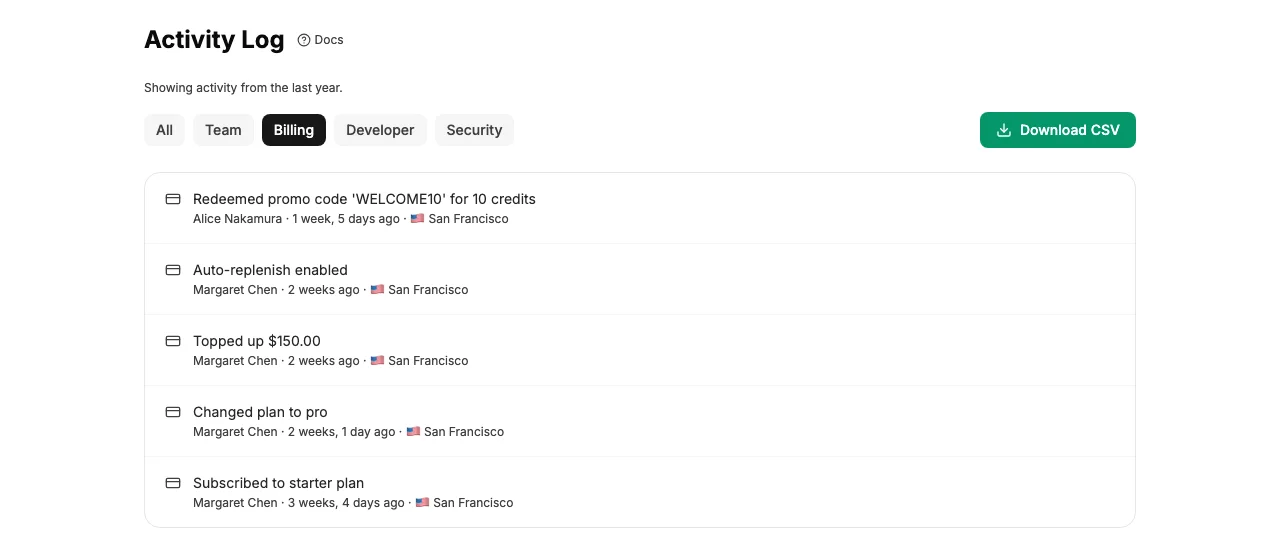 Activity log filtered by category